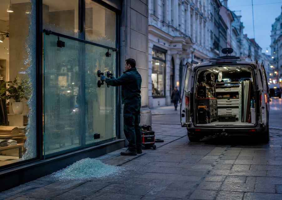 Provisorisch gesichertes Schaufenster nach Glasbruch in Wien