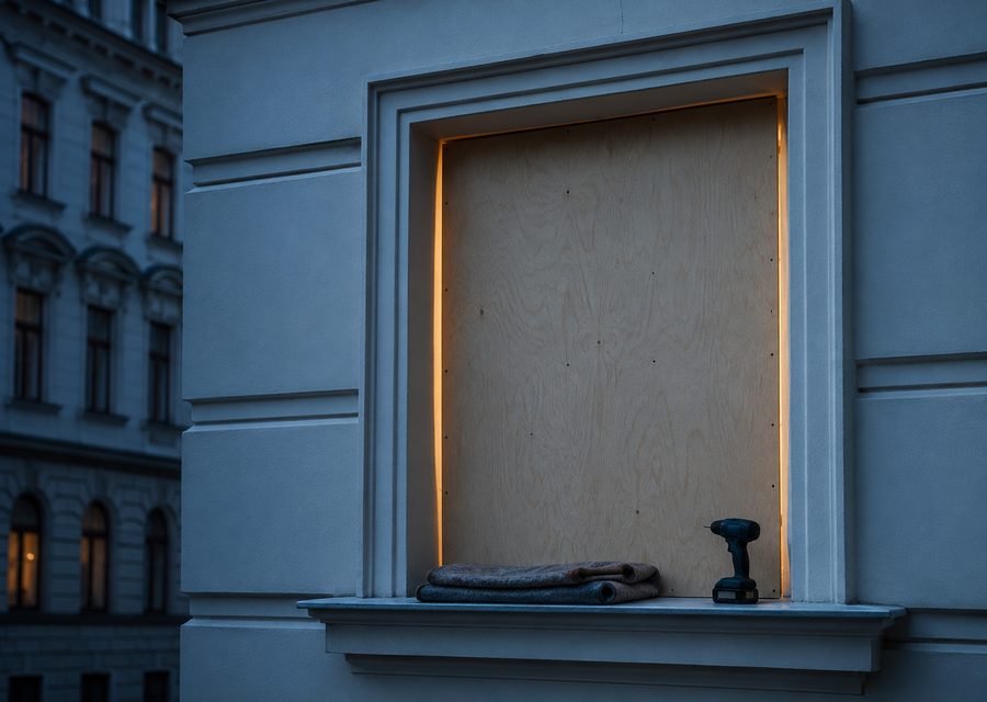 Fensteröffnung eines Wiener Altbaus bündig mit einer zugeschnittenen Holzplatte verschlossen, dahinter brennt Licht