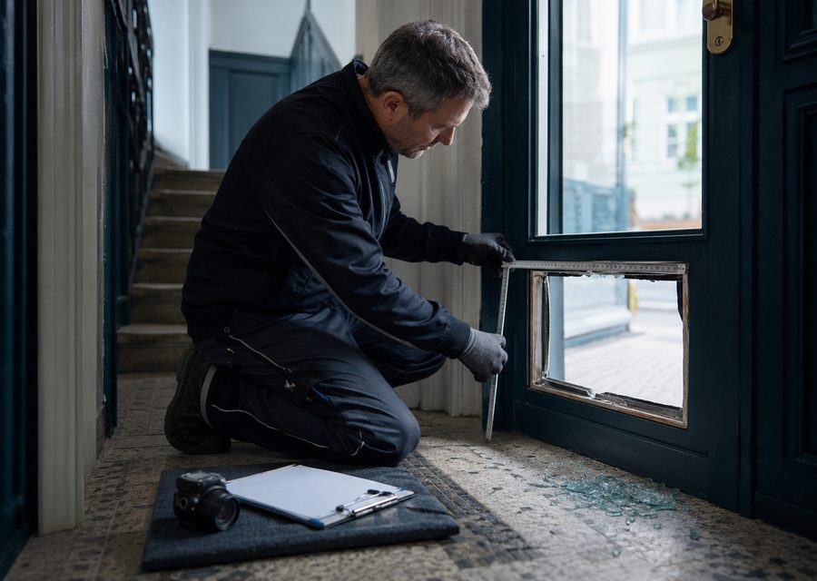 Glaser misst die aufgebrochene Scheibe einer Haustür aus, Klemmbrett und Kamera für die Schadensdokumentation liegen daneben
