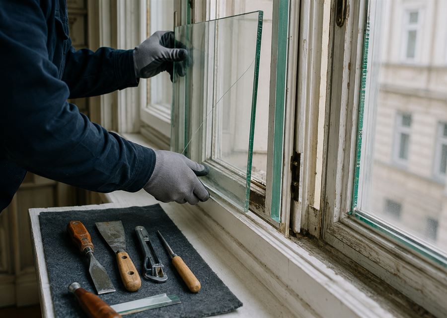 Glaser tauscht eine gesprungene Fensterscheibe fachgerecht aus
