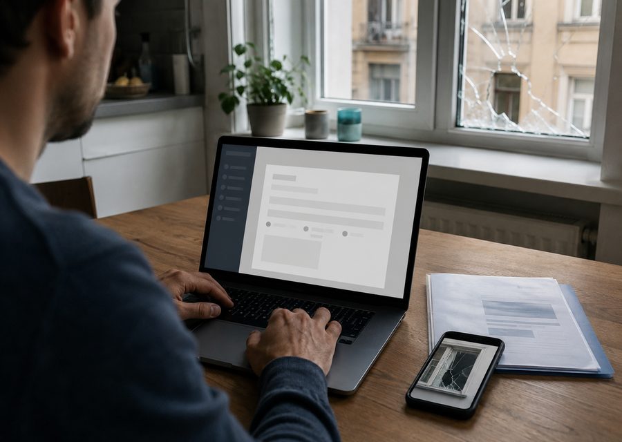 Person meldet einen Glasschaden am Laptop, daneben die Polizze und ein Foto der gesprungenen Scheibe am Telefon